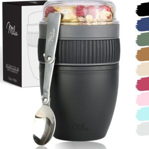 Milu Cereal Cup to Go, 400 ml, MüsliMax, Plastic Yoghurt Cup for Cereal, Leak-Proof Cup with Spoon for Yoghurt/Porridge (Black)