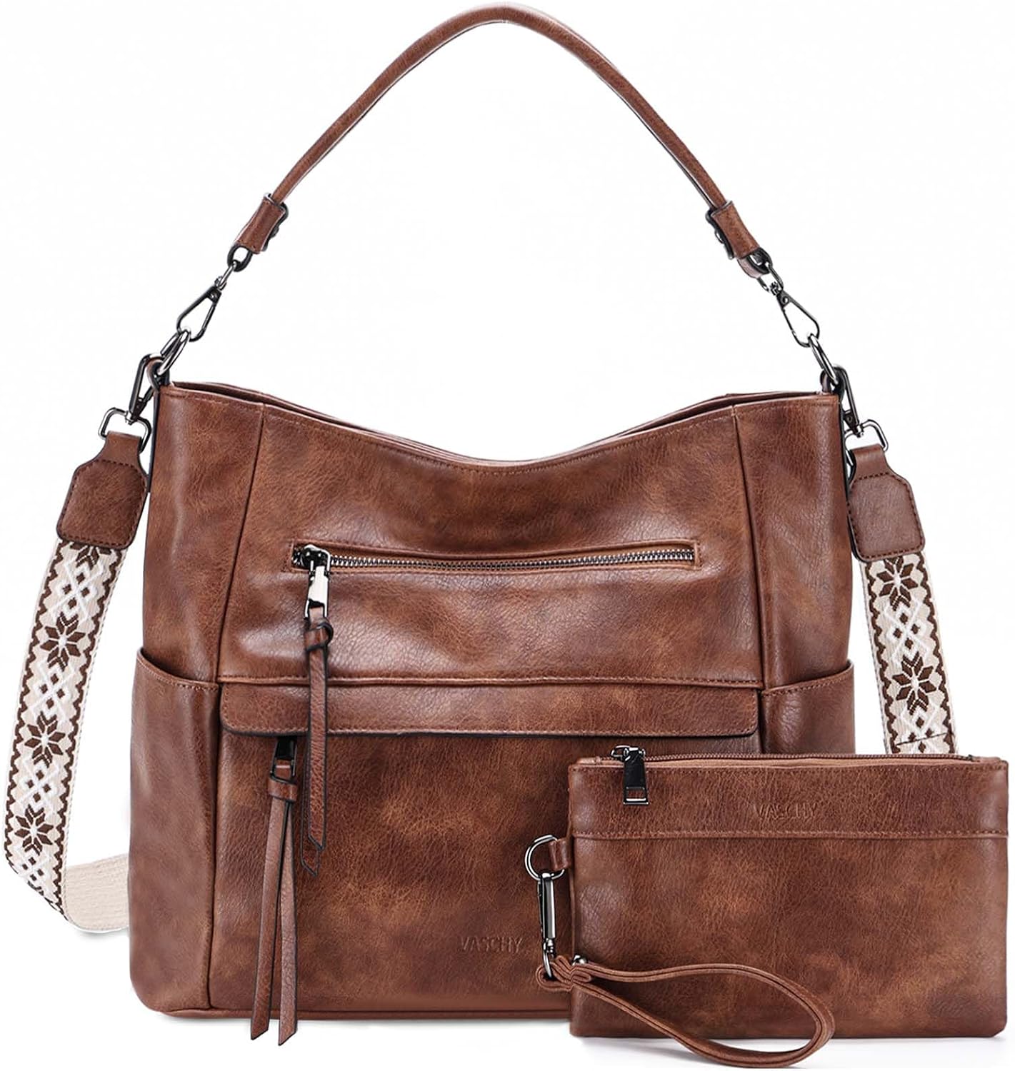 VASCHY Handtasche Damen, Vegan Leder Schultertasche Henkeltasche Groß Crossbody Hobo Bag Umhängetasche Geldbörsen Set