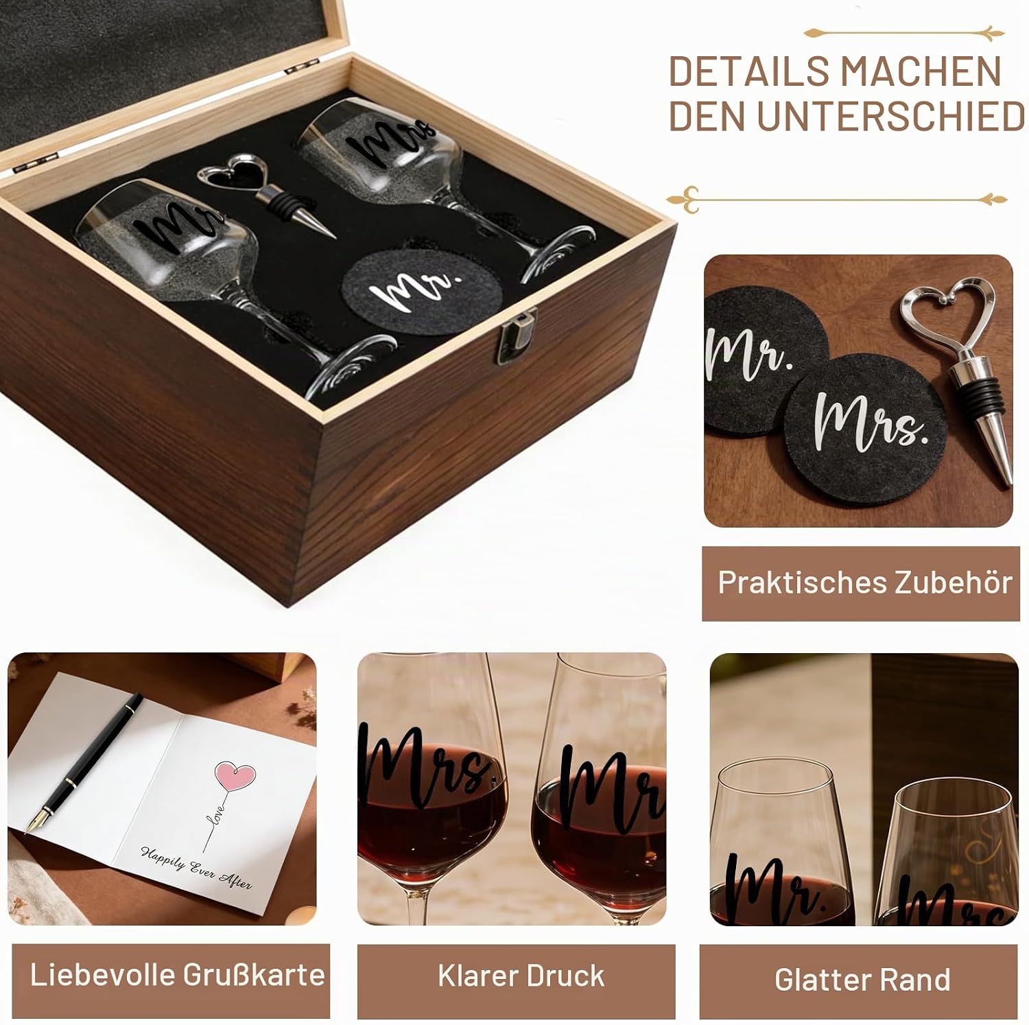 Wedding Gifts for Bride and Groom Mr and Mrs, 2 Wine Glasses with Engraving & 1 Wine Stopper & 2 Coasters, Personalised Engagement Gift Set in Wooden Box, Wedding Gift (Wedding) – Bild 3