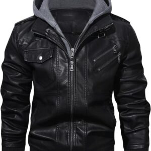 HOOD CREW Casual Biker Leather Jacket Made of Faux Leather for Men with Removable Hood