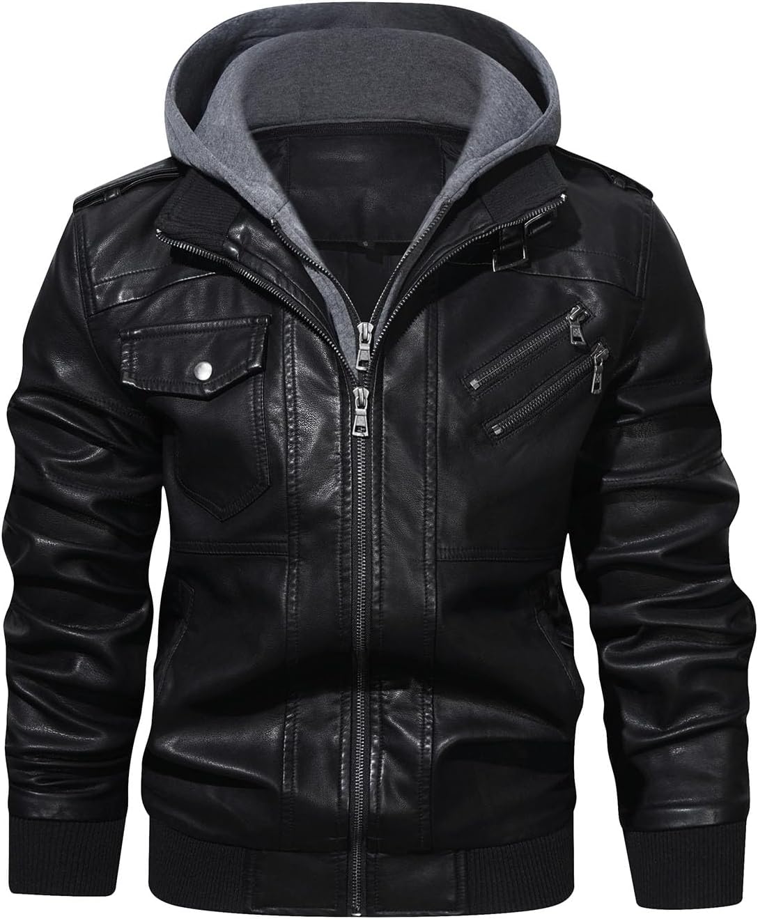 HOOD CREW Casual Biker Leather Jacket Made of Faux Leather for Men with Removable Hood