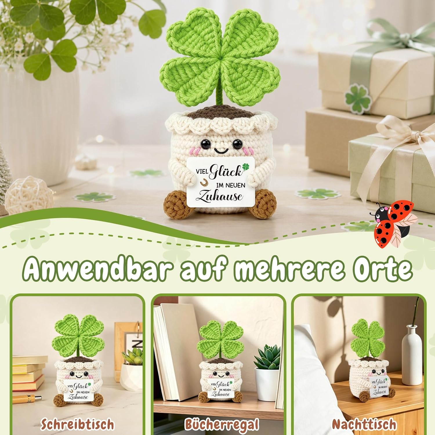 Housewarming Gifts Apartment, 2026 Housewarming Gift Home - Lucky Charm Knitted Four Leaf Housewarming Gifts House Gift New Apartment for Friend Colleague – Bild 7
