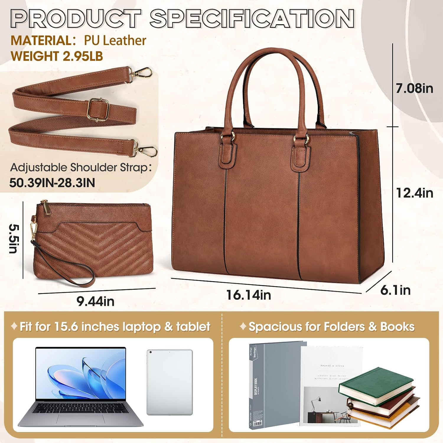 NEWHEY Handbag Women's 15.6 Inch Shopper Women's Large Work Bag Tote with Clutch PU Leather Briefcase Women's Laptop Bag Messenger Shoulder Bag for School Office Travel Business – Bild 4