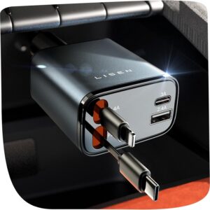 LISEN 84W Cigarette Lighter USB C Retractable Car Charger Adapter
