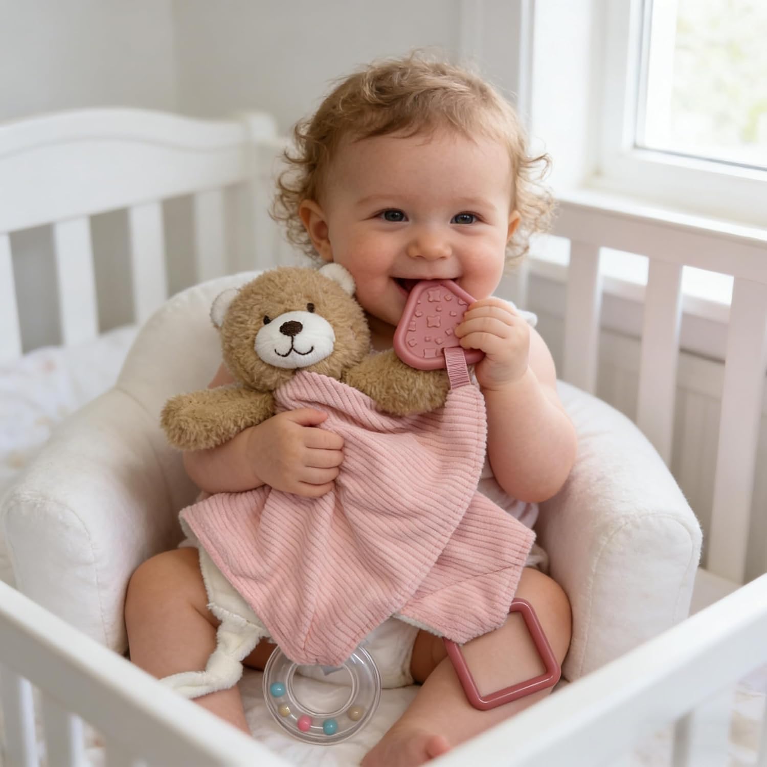 CREVENT 3-in-1 Baby Cuddle Blanket with Teether & Rattle | Plush Buyable Animal Head Safety Blanket Birthday Gift - Pink Bear – Bild 5