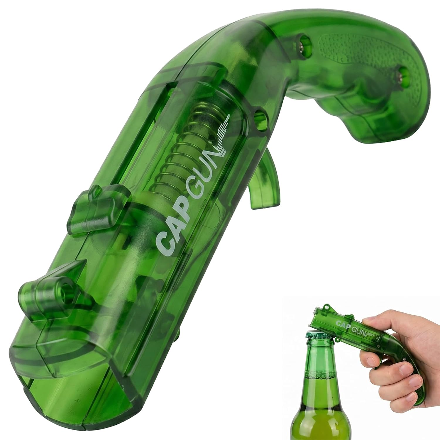 Bottle Opener Gun - Funny Beer Opener with Shooting Function for Parties & Bars, Creative Gadget in Transparent Bottle Green, Ideal Men's Gift for Birthday and Christmas