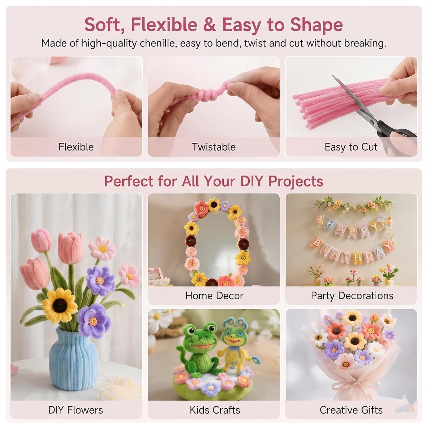 Pipe Cleaner Flower Set, 800 Pieces DIY Flower Craft Set, 8 Colours Pipe Cleaners with Flower Wire & Accessories, Creative Bouquets Crafts – Bild 3