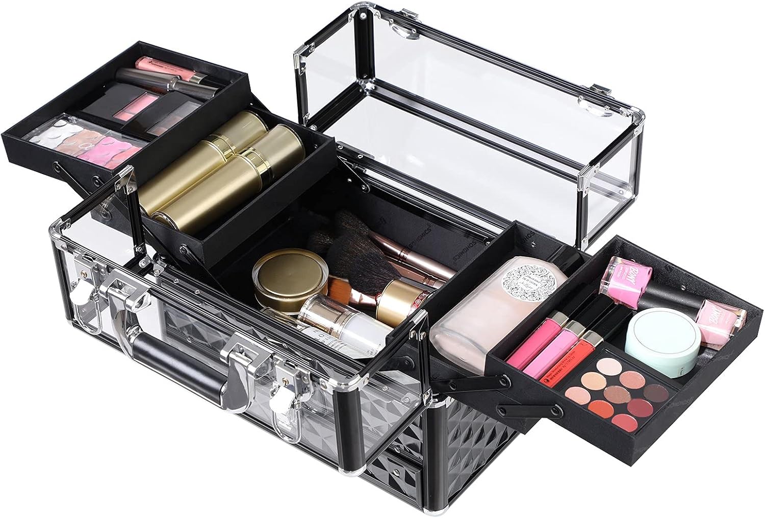 SONGMICS JBC318B Professional Cosmetics Case, Multi-Tiered Cosmetic Storage Case, Transparent Acrylic Glass, Folding Compartments, XL – Bild 8