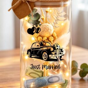 Money Gift Wedding Packaging, Wedding Car Glass Bottle with LED Fairy Lights & Dried Flowers, Wedding Gifts for Bride and Groom, Personalised Wedding Gift Packaging Wedding