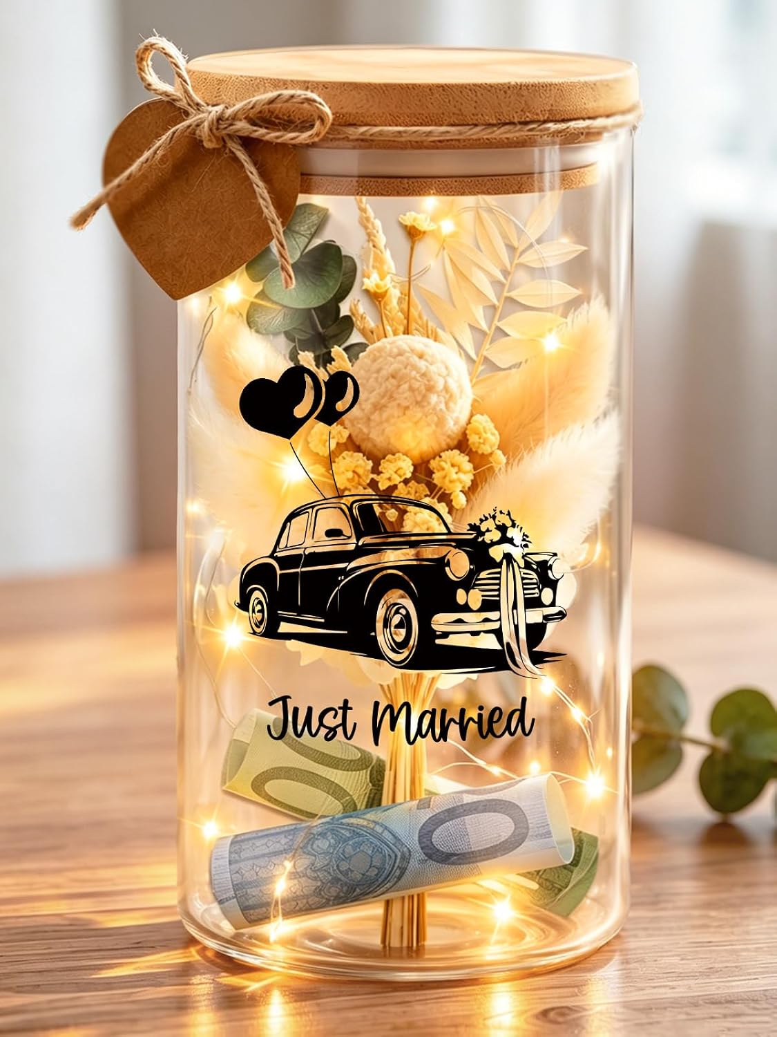 Money Gift Wedding Packaging, Wedding Car Glass Bottle with LED Fairy Lights & Dried Flowers, Wedding Gifts for Bride and Groom, Personalised Wedding Gift Packaging Wedding
