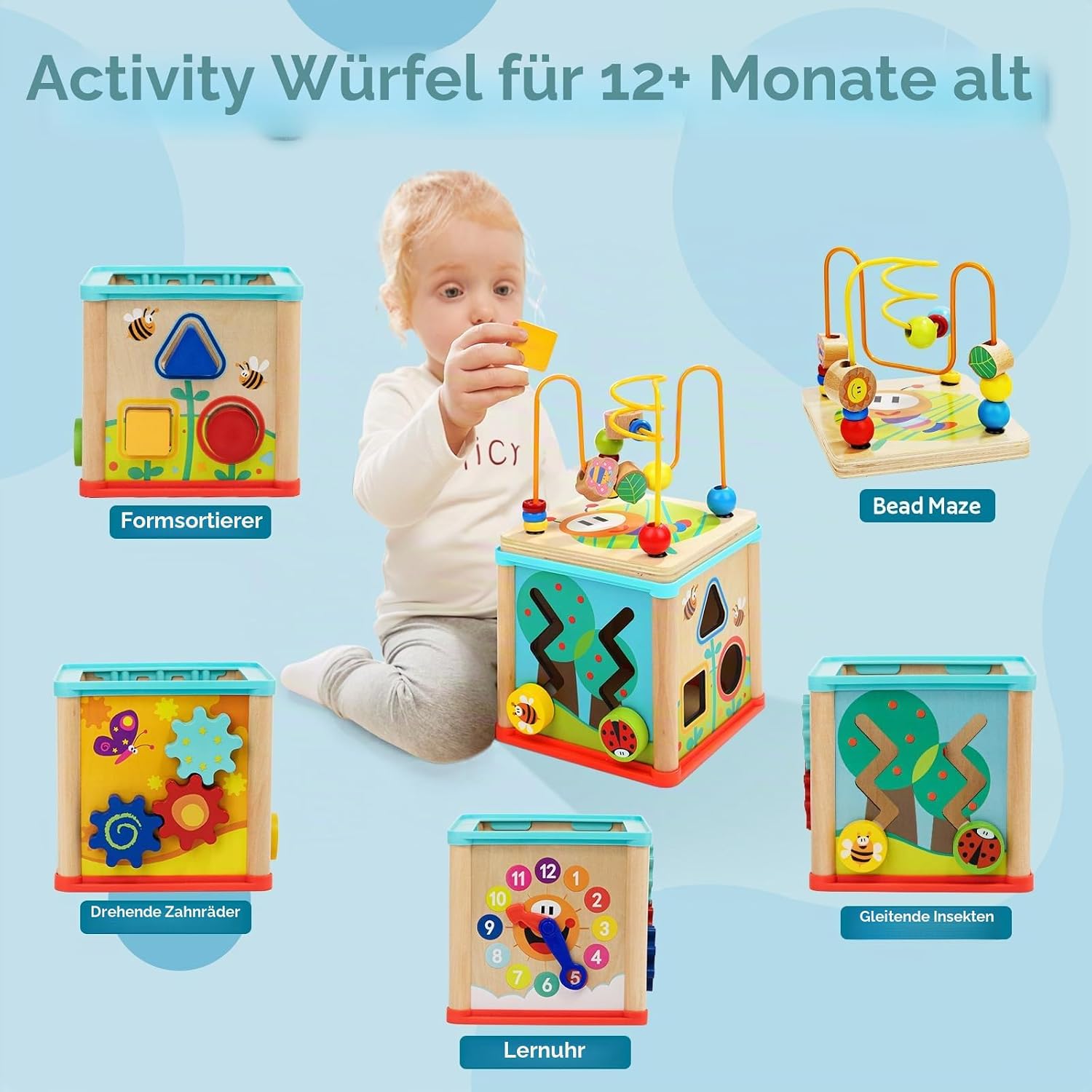 TOP Bright Wooden Shape Sorter Activity Cube Toy for 1 Year Old Baby - 1st Birthday Gift for Girls Boys 12 Months + – Bild 3