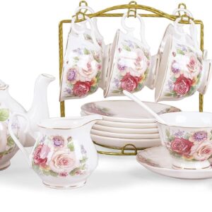 fanquare 21-Piece Porcelain European Tea Set, Pink Rose Ceramic Coffee Service, Wedding Tea Service for Afternoon Tea, Coffee
