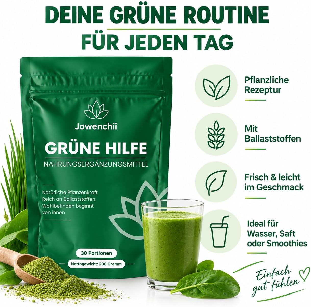 Green Superfood Powder 200 g - Vegetable Superfood Blend with Barley Grass, Spirulina, Matcha, Chlorella, Wild Blueberry & Inulin - Green Drink with Apple Flavour, Vegan & No Added Sugar – Bild 3