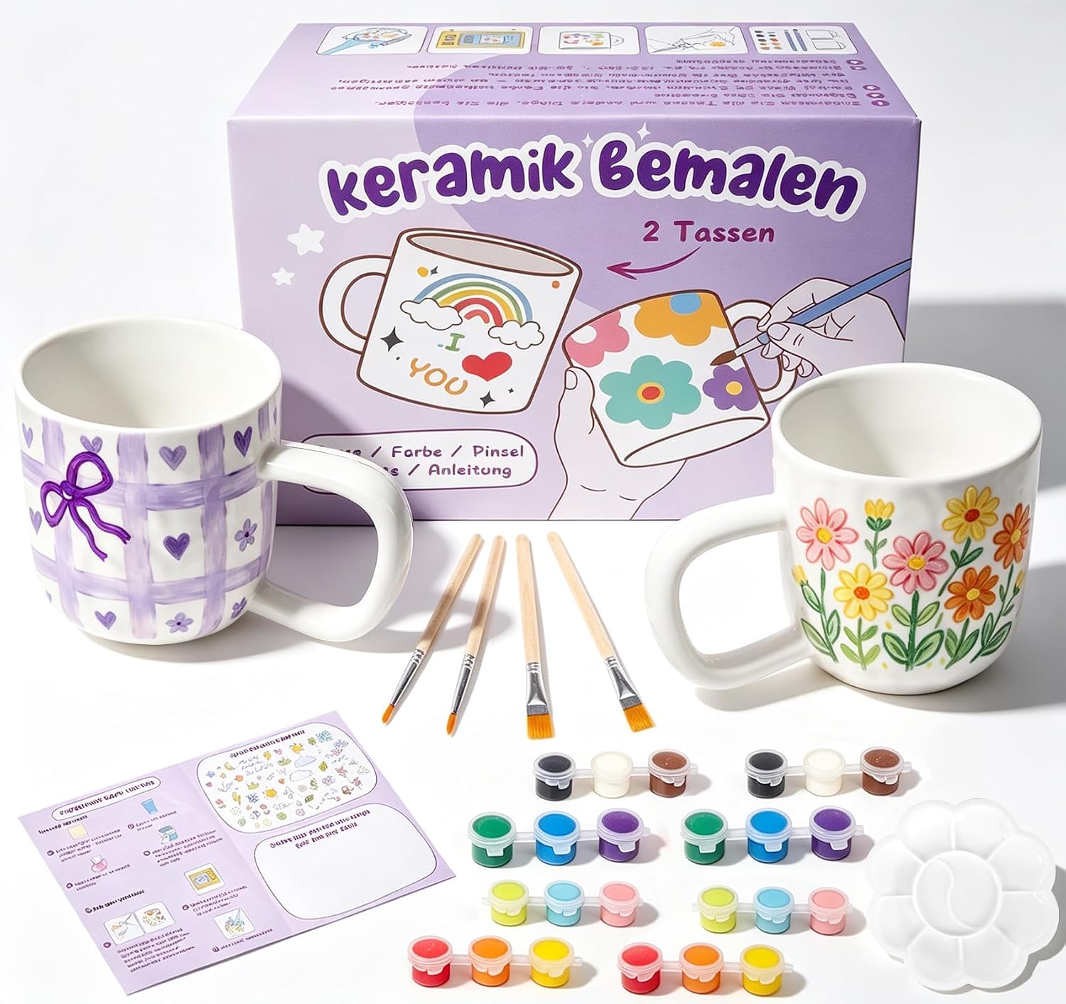 Ceramic Painting Set, 2 x Cups for Painting Set with 12 Colours (380 mm)