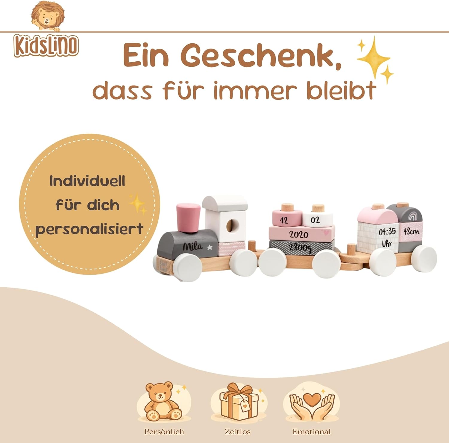 Personalised Wooden Train Pink - Personalised Gifts Baby | Plug Toy | Gift for Birth Girl | Wooden Train with Name & Birth Data - Label Label – Bild 3