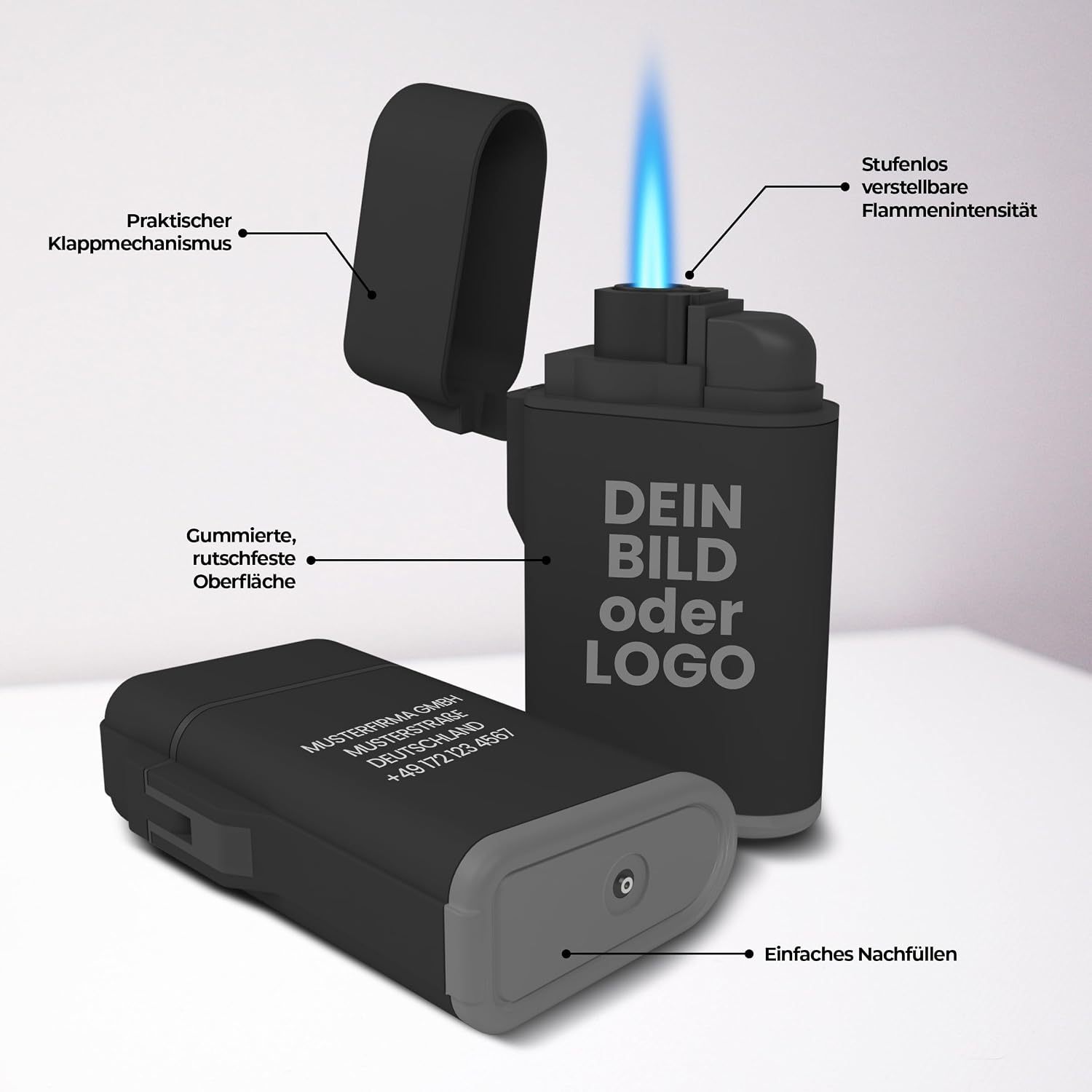 Meinearmbänder Personalised Lighter with Logo, Image and Engraving - Front and Back with Text, Address and Slogan - Ideal for Promotional Gifts, Outdoor Use and Promotions (50) – Bild 3
