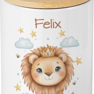 Personalised Bamboo Money Box with Name, Cute Lion Crown Design, Gift Children Birth Christening, Boys Baby Piggy Bank, Cute Wish Filler