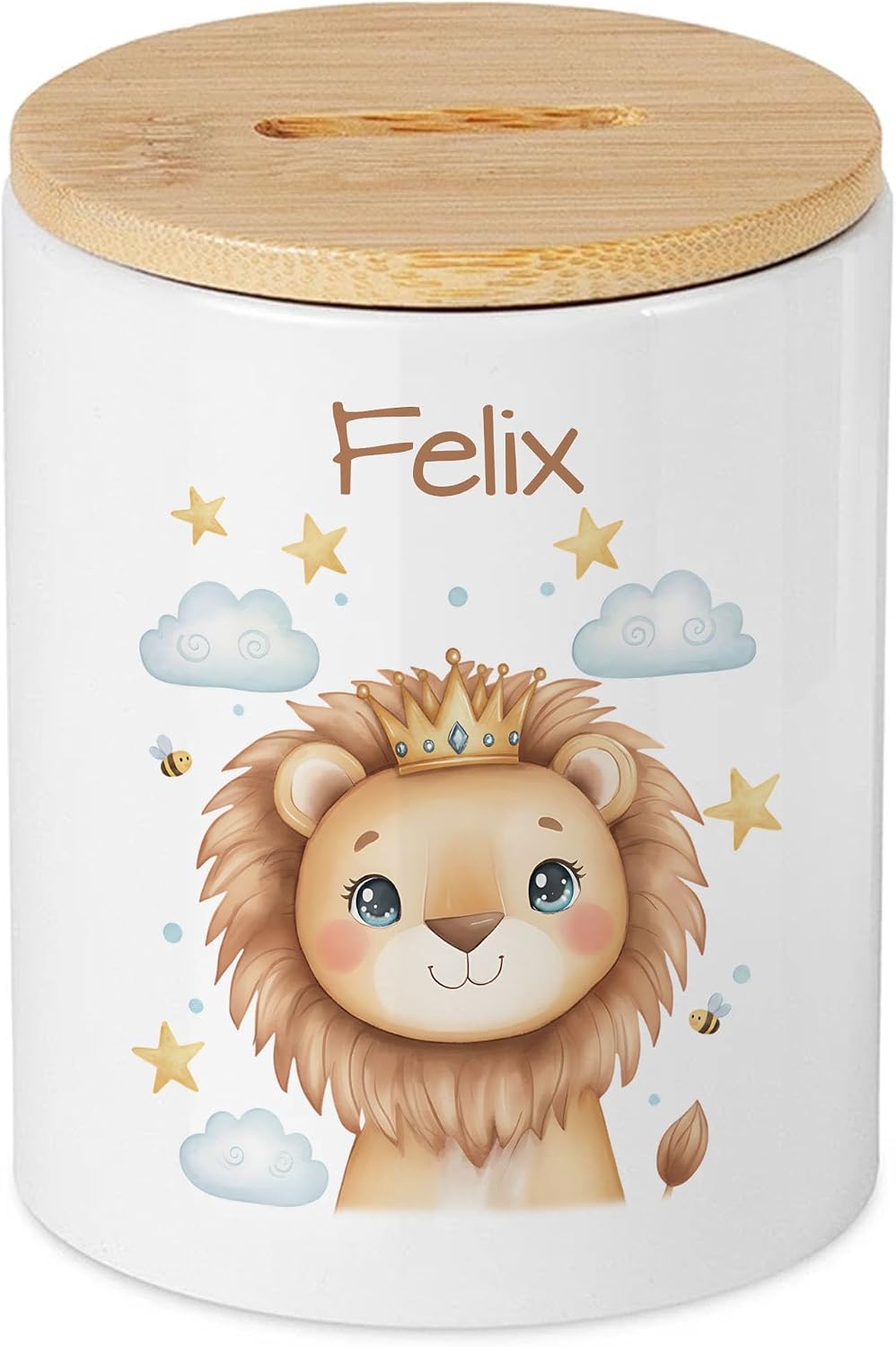 Personalised Bamboo Money Box with Name, Cute Lion Crown Design, Gift Children Birth Christening, Boys Baby Piggy Bank, Cute Wish Filler