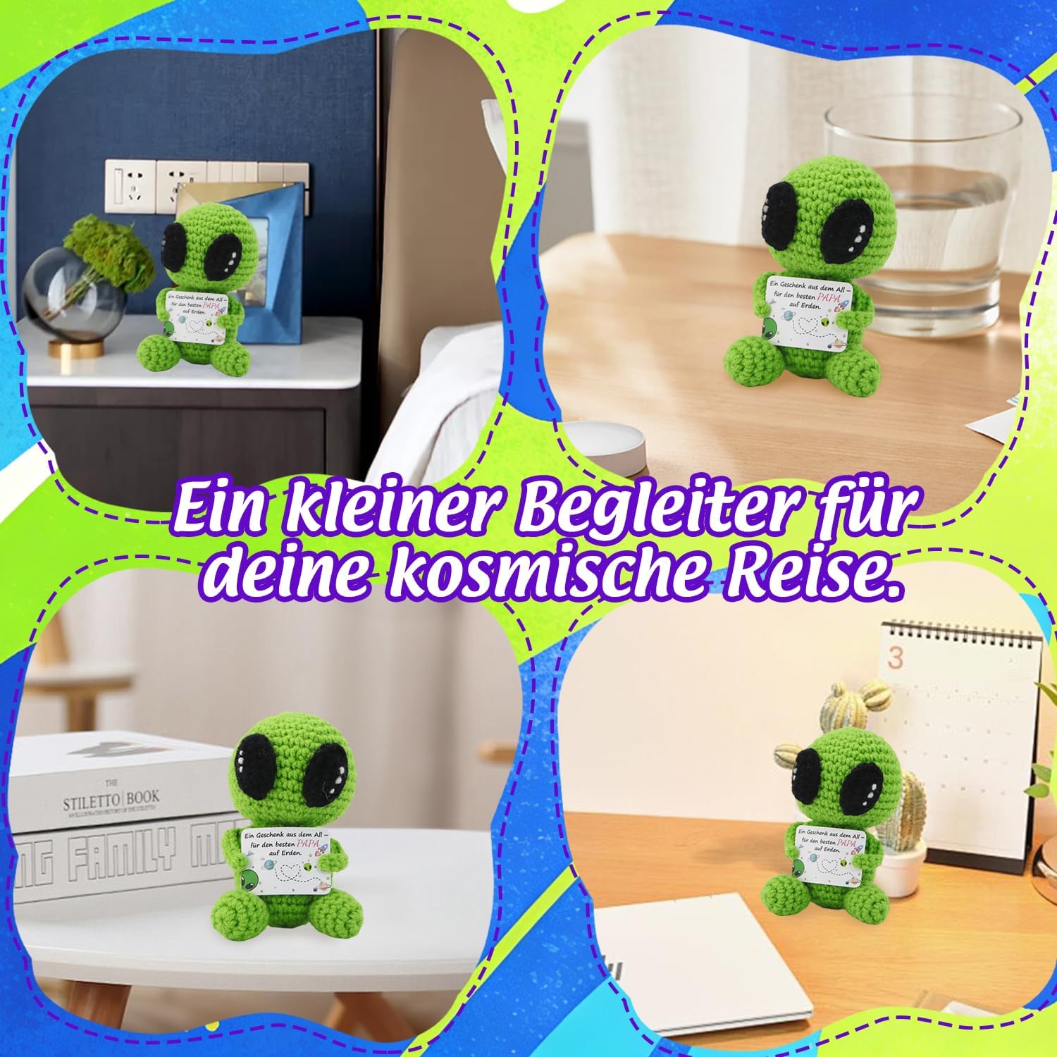 Original Dad Gift & Birthday Gift for Dad from Space, Hand Crocheted Green Alien Plush with Card "Besten Papa auf Erden", Funny Father's Day Gift, Cute & Unique – Bild 6