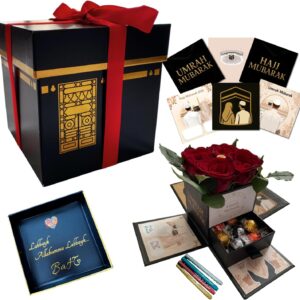 B & S Bismillah and Smile Premium Kaaba Gift Box for Hajj & Umrah - Elegant Set of 2 Satin Ribbons & 4 Metallic Markers