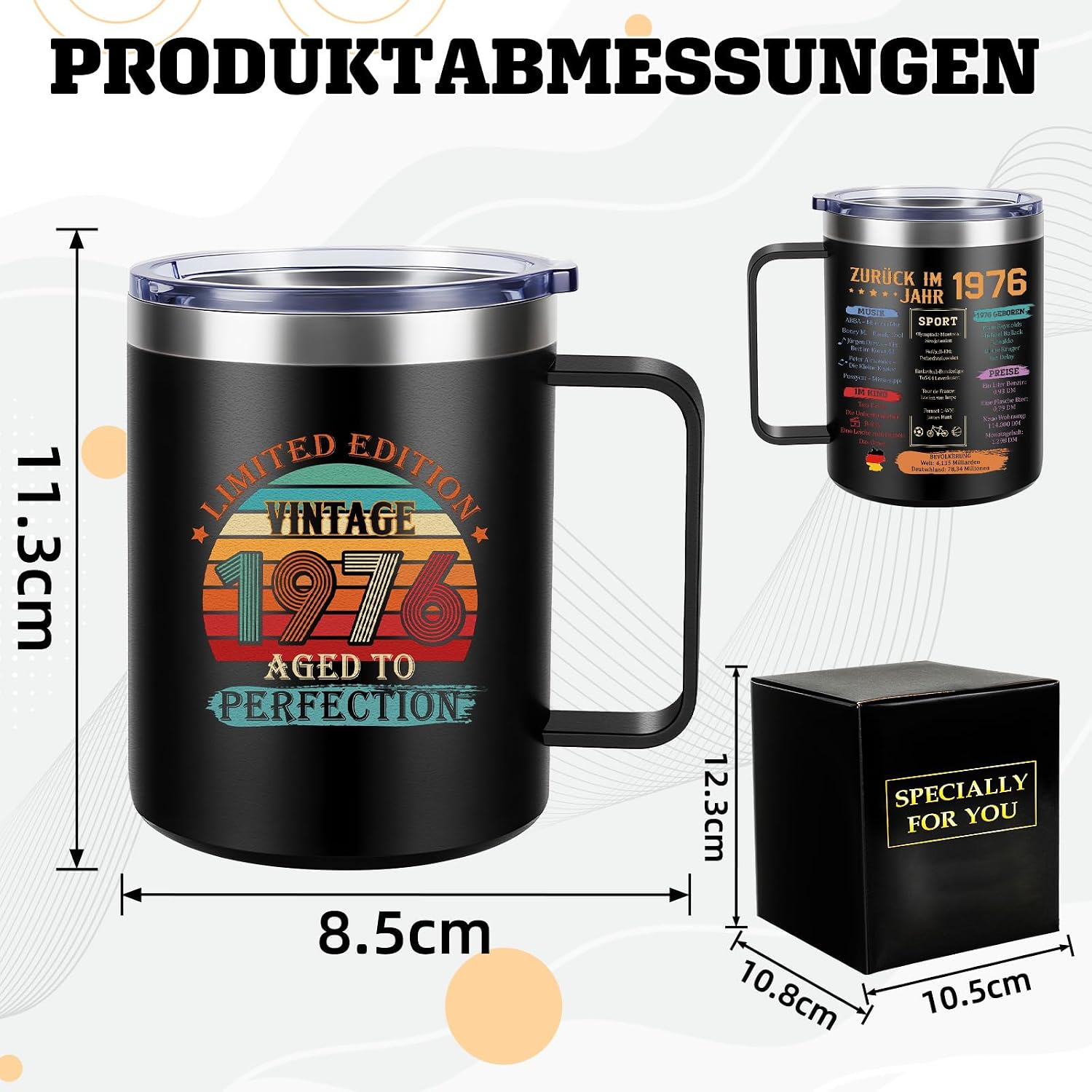 TUZELIYA Thermal Mug 450 ml Stainless Steel 50th Birthday Gift Man & Woman, 1976 Vintage Gift, Funny Birthday Gift for Men, Dad, Mother, Colleague, Boyfriend, Colleague for Birthday, Black – Bild 3