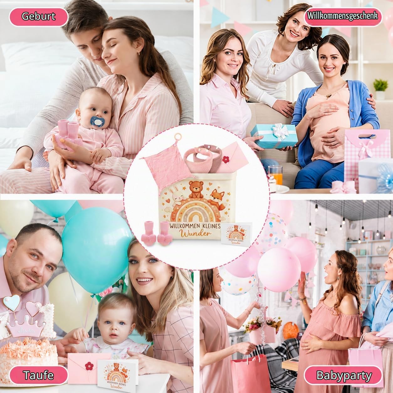 Baby Gift Set Girls Newborn Gift Box 7-Piece Nappy Bag Cuddly Cloth Teether Bib Socks Greeting Cards Envelope Gift for Birth Baby Shower Baby Set for Girls (Pink) – Bild 6