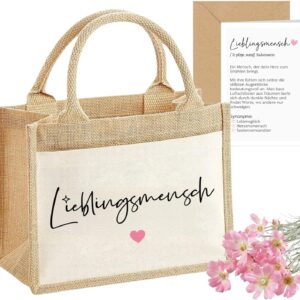 Lieblingsmensch Gift Jute Bag for Women with Postcard, Heart Man Gift Women’s Shopper Bag Best Friend Gifts Birthday Thank You Gifts