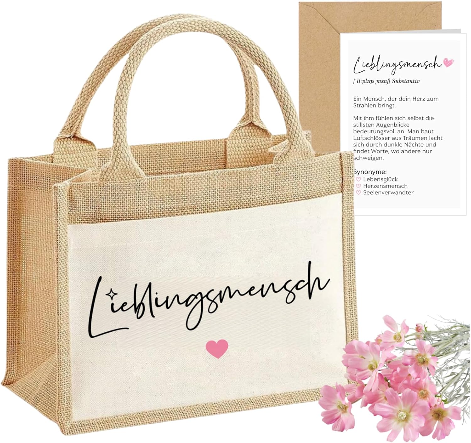 Lieblingsmensch Gift Jute Bag for Women with Postcard, Heart Man Gift Women's Shopper Bag Best Friend Gifts Birthday Thank You Gifts