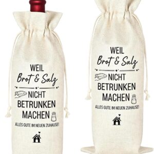 AvianTeker Housewarming Gifts for Apartment – Pack of 2 Housewarming Gift with Saying 'Weil Brot & Salz nicht drunken machen', 14 x 34 cm Wine Bag for 750 ml Bottles, Gift for Housewarming