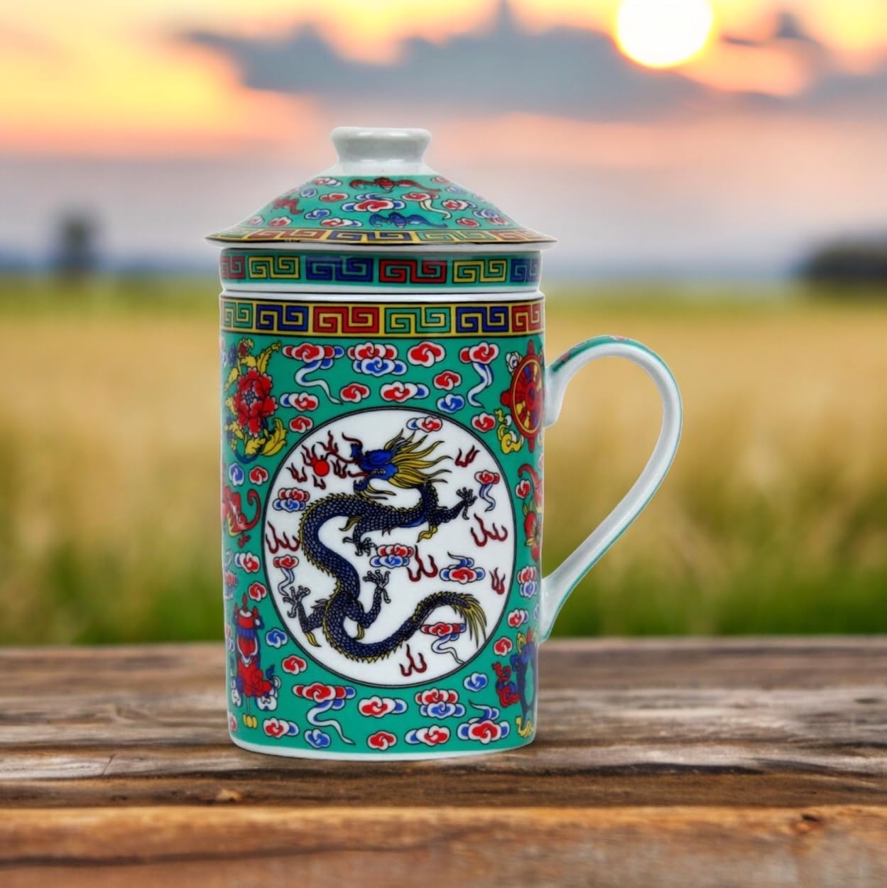 Ceramic Tea Cup with Lid + Strainer for Loose Tea with Asian Motif (Green Dragon, 494) Japanese Chinese Cup for Tea Lovers, Porcellan Coffee Gift Set Asia Asia Mug Cup – Bild 2