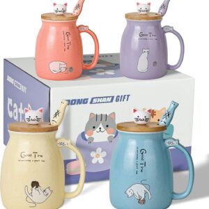 Set of 4 Cute Cat Mugs, Ceramic Coffee Cups with Lovely Kitty Lid, Novelty Morning Tea Milk Cup Set for Women, Christmas Birthday Gift Cup 450 ml (4 Pieces, Blue, Pink, Purple, Yellow)