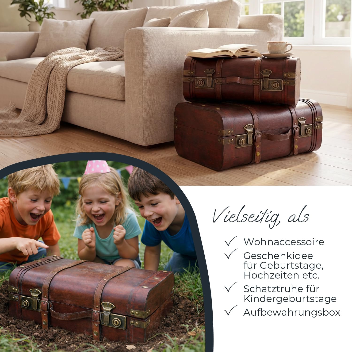 HMF 6412-145 Wooden Treasure Chest Vintage Suitcase, 45 x 30.5 x 20 cm, Large, Peru – Bild 3