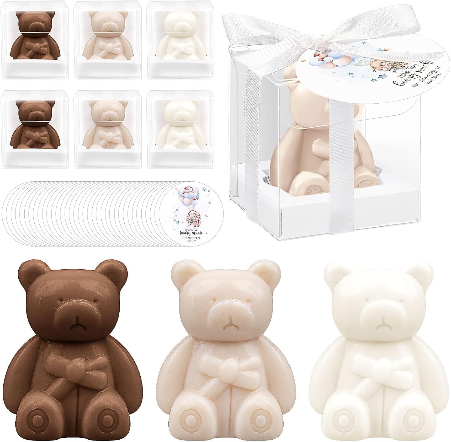 36 Pieces Bear Baby Shower Gifts, Bear Soap Party Favors with Thank You Cards and Boxes for Baby Shower Decoration, Guest Gift, Wedding Supplies (White and Brown)