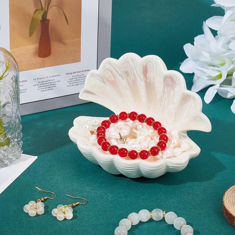 nbeads Ceramic Jewellery Plate with White Shell, Shell Shaped Jewellery Plate, Rings Storage Holder with Sea Motif, Decorative Jewellery Plate for Rings, Necklaces, Earrings – Bild 4
