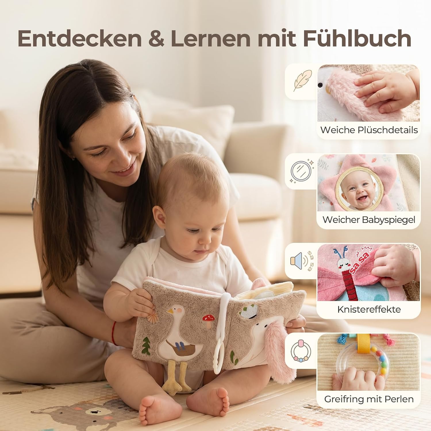 let's make Baby Sensory Fabric Book Baby Toy from 0 3 6 12 Months - Interactive Feel Book Crinkle Book with Mirror Rattle, Pram Toy Baby Gift Boy Girl (Rabbit Fabric Book) – Bild 3