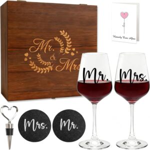 Wedding Gifts for Bride and Groom Mr and Mrs, 2 Wine Glasses with Engraving & 1 Wine Stopper & 2 Coasters, Personalised Engagement Gift Set in Wooden Box, Wedding Gift (Wedding)