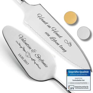 SMARTEON Cake Server Set Hand in Hand with Cake Knife and Personalised Engraving - Wedding Gifts for Newlyweds, Birthday, Anniversary, Gift Idea for Couples - Silver Set in Gift Box