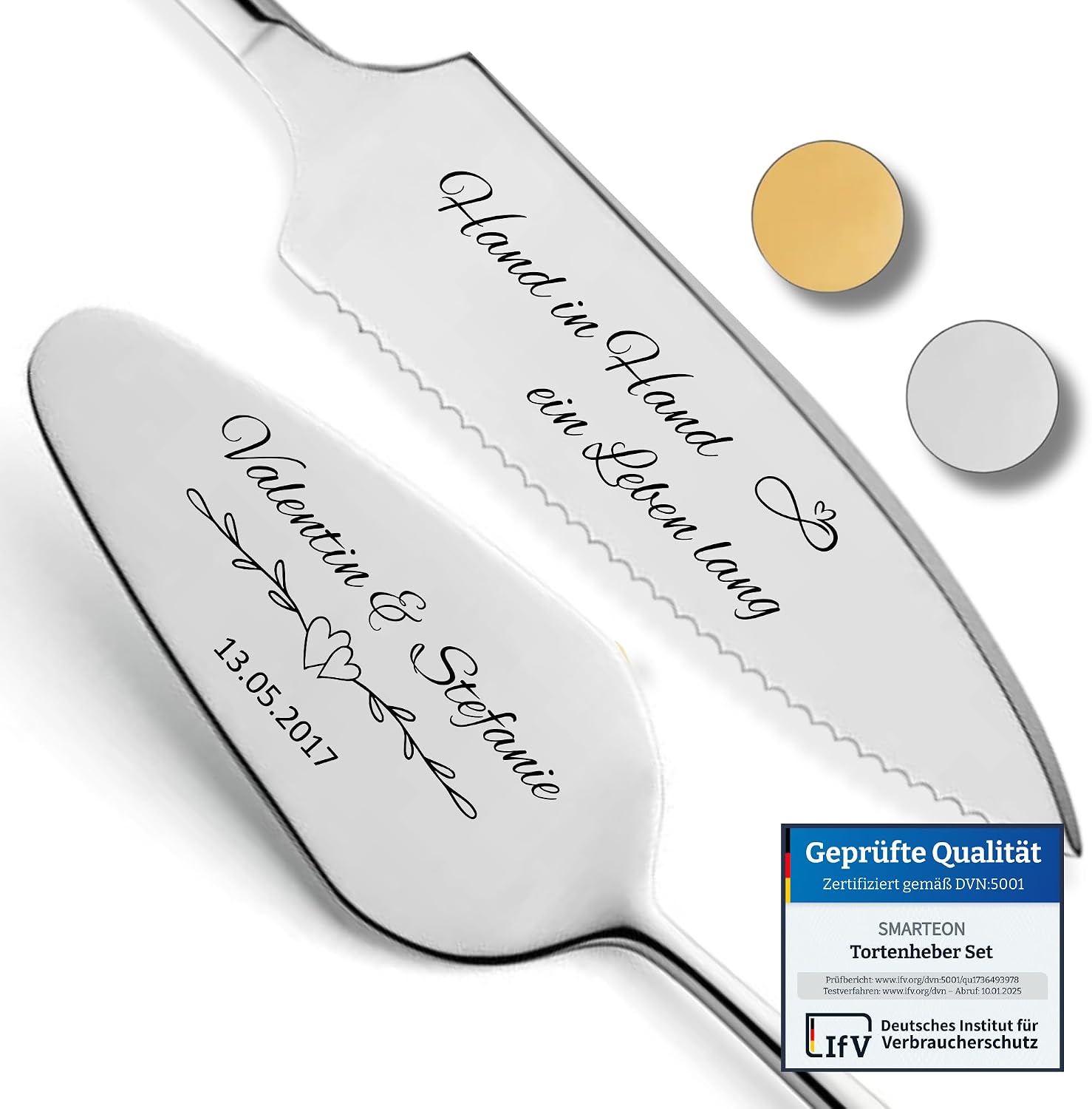 SMARTEON Cake Server Set Hand in Hand with Cake Knife and Personalised Engraving - Wedding Gifts for Newlyweds, Birthday, Anniversary, Gift Idea for Couples - Silver Set in Gift Box