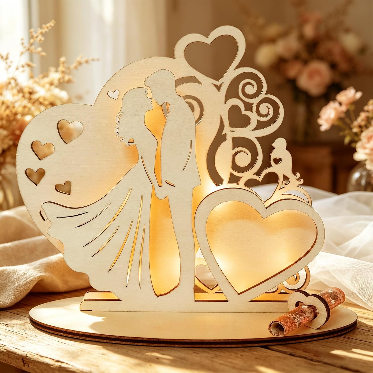 Wedding Money Gift for Bride and Groom - Wedding Gift Money Made of Wood with LED Light, Packaging with Foil & Bow, Mr & Mrs Decoration, Ready to Use