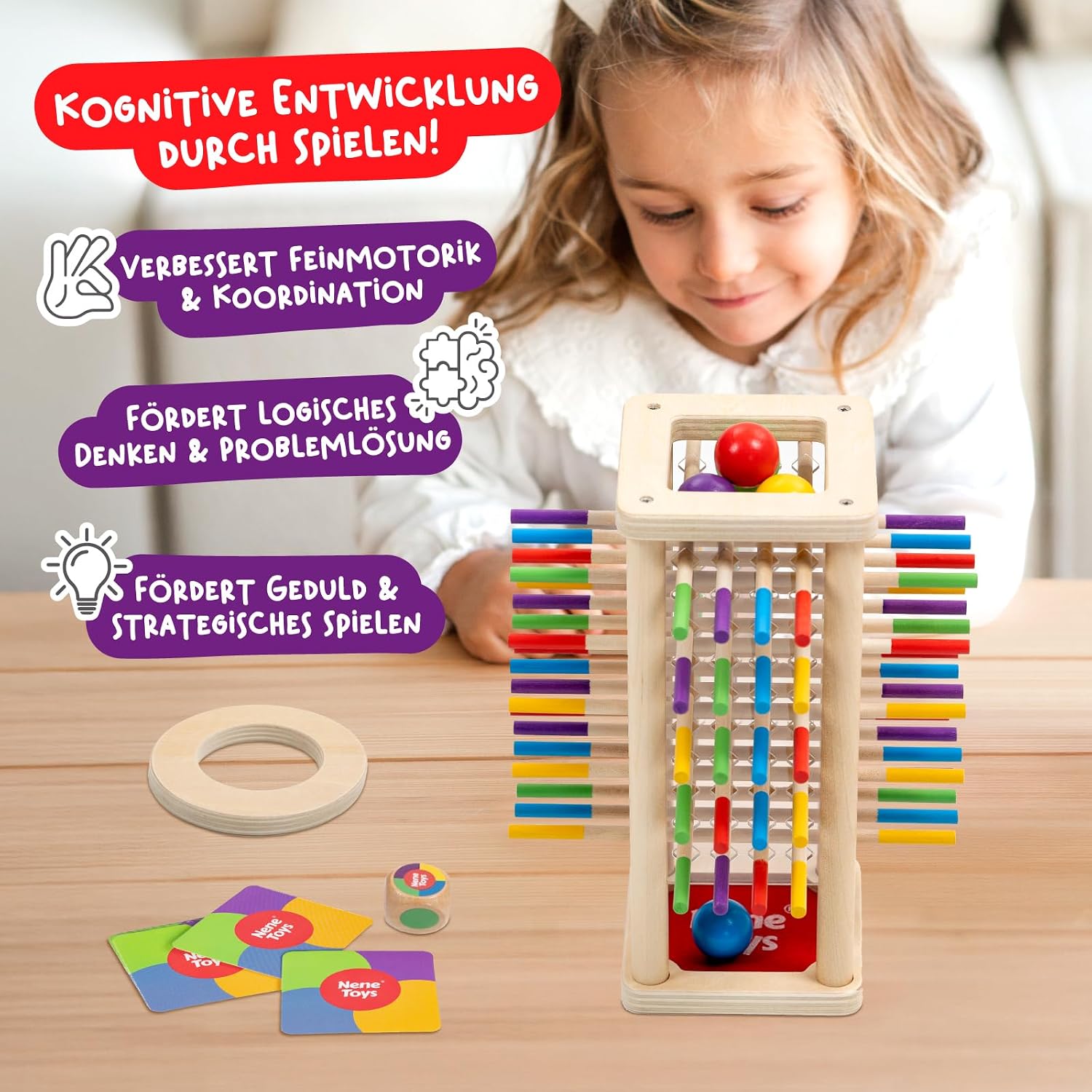 Nene Toys Ballfall, Montessori Toy from 3 4 5 6 Years - Wooden Game for Children - Educational Game with Sticks, Dice & Cards - Educational Board Game - Great Gift Girls Boys from 3-9 Years – Bild 7