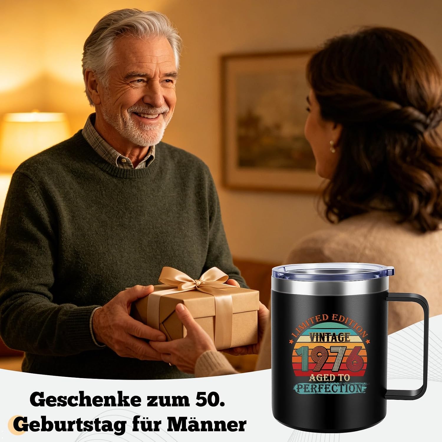 TUZELIYA Thermal Mug 450 ml Stainless Steel 50th Birthday Gift Man & Woman, 1976 Vintage Gift, Funny Birthday Gift for Men, Dad, Mother, Colleague, Boyfriend, Colleague for Birthday, Black – Bild 5