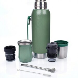 Premium Mate Tea Set Complete (1L) | Stainless Steel Insulated Flask Double-Walled (24 Hours Hot) | Double Precision Pourer + Mate Cup & Bombilla Drinking Straw (Premium Black)