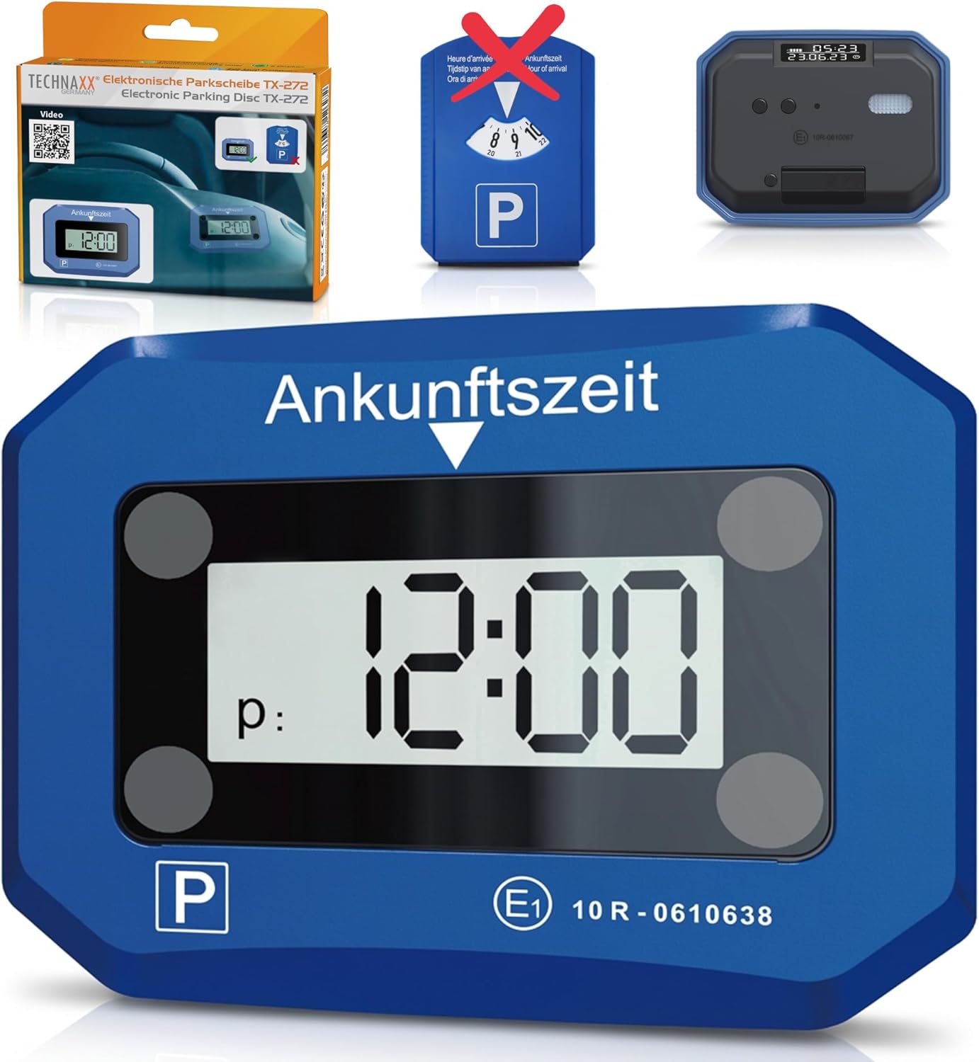 Technaxx Electronic Parking Disc TX-272, Automatic Digital Parking Meter for Car with Motion Sensor, Automatic Time Setting, Double Illuminated Displays, SOS Light, ECE License