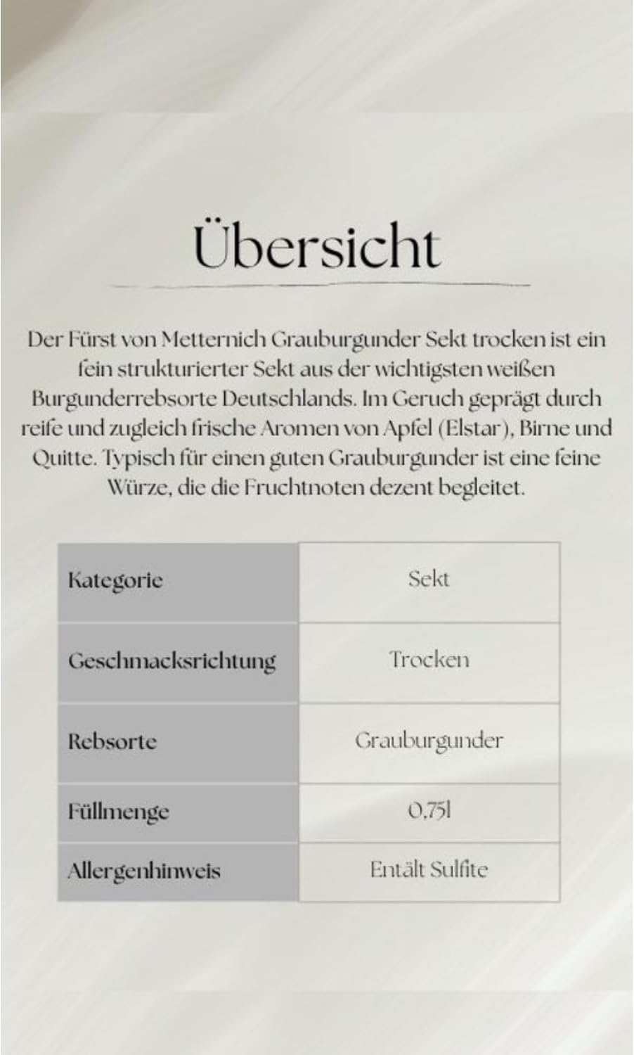 Fürst von Metternich Pinot Gris Champagne Dry (1 x 0.75 L) - German Premium Sparkling Wine with Fine Perlage & Yellow Fruit Flavours - Elegant Design in Matte Grey – Bild 3