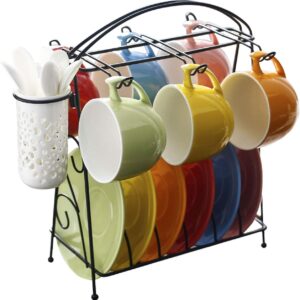 Coffee Cups Mug Rainbow Color Ceramic Coffee Tea Gift Set Bright Coloured Latte Cup Tea Cup Saucer and Teaspoon (Holds 6 People) with Stand Gifts for Women Men