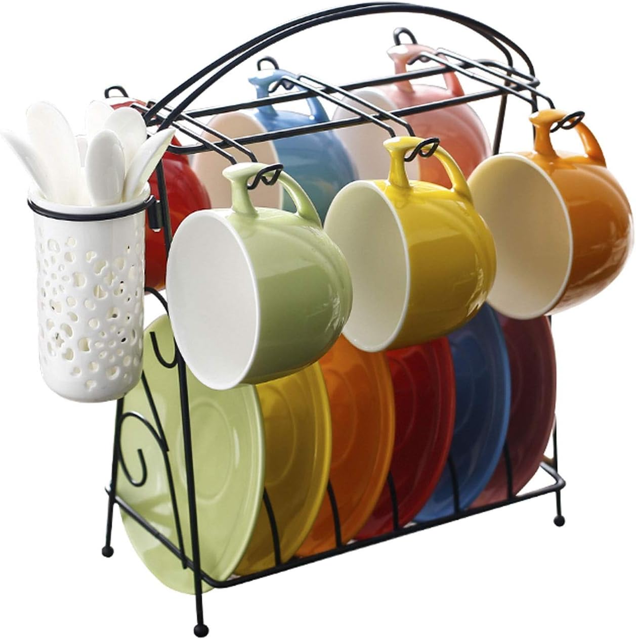 Coffee Cups Mug Rainbow Color Ceramic Coffee Tea Gift Set Bright Coloured Latte Cup Tea Cup Saucer and Teaspoon (Holds 6 People) with Stand Gifts for Women Men