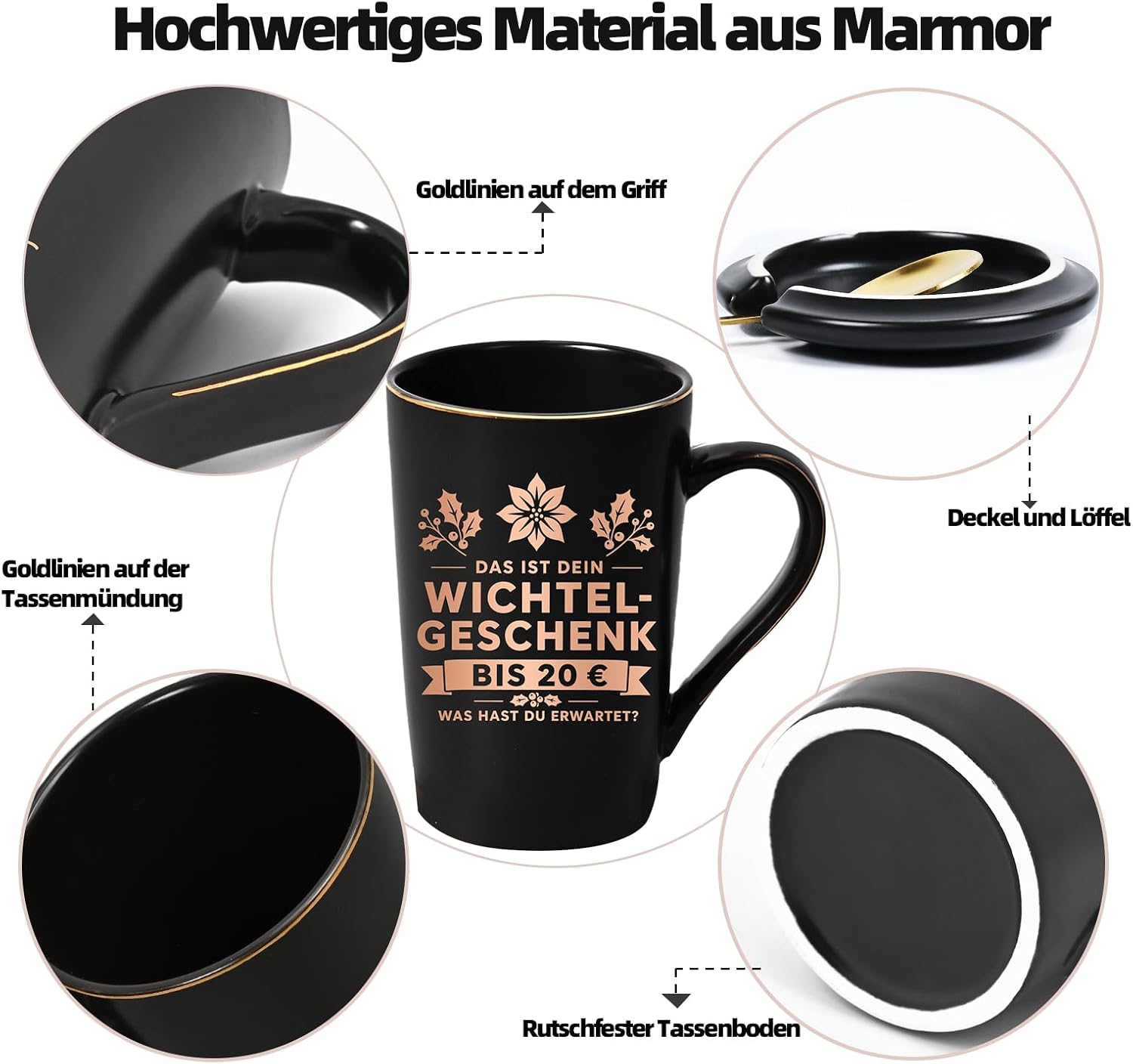 Kaffeetasse Wichtelgeschenk 20 Euro, Wichtelgeschenke für Männer und Kollegen, Geschenk bis 20 Euro zu Weihnachten, 400 ml Keramik Marmorbecher mit Deckel und Löffel, Lustige Geschenkidee – Bild 8