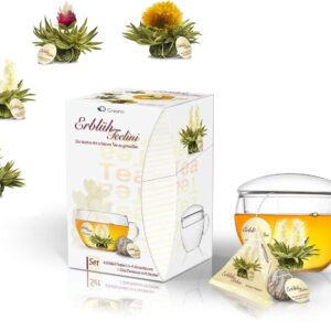 Creano ErblühTeelini Tea Flowers Gift Set with Tea Glass and 8 Tea Flowers in Cup Format, White Tea