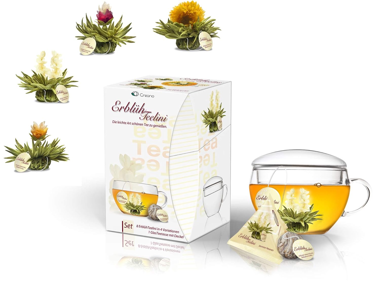 Creano ErblühTeelini Tea Flowers Gift Set with Tea Glass and 8 Tea Flowers in Cup Format, White Tea