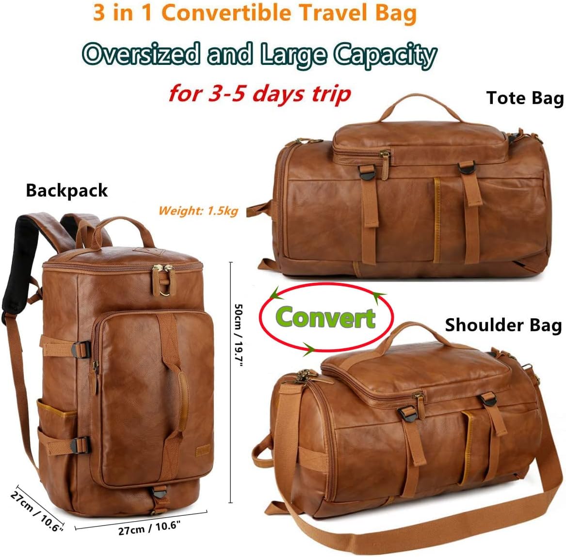 BAOSHA HB-26 Men's Backpacks Hand Luggage Shoulder Bag Convertible PU Leather Travel Bag Hiking Backpacks Sports Bag Travel Duffel Bag Weekender Bag – Bild 2